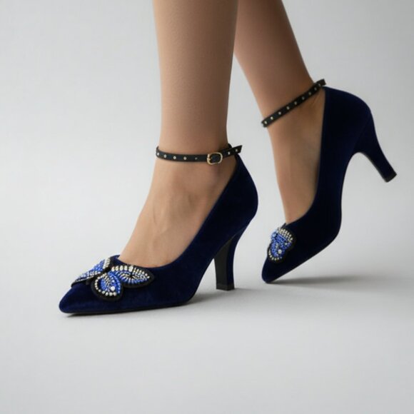libby. edelman Shoes - Edelman Sapphire Dark Navy Blue Butterfly Beaded Velvet Holiday Pumps Heels 7.5